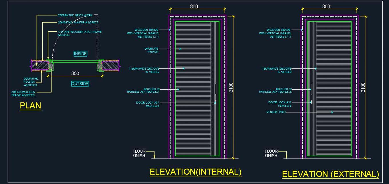 Flush Door CAD Detail- Veneer Finish and Frame Sections